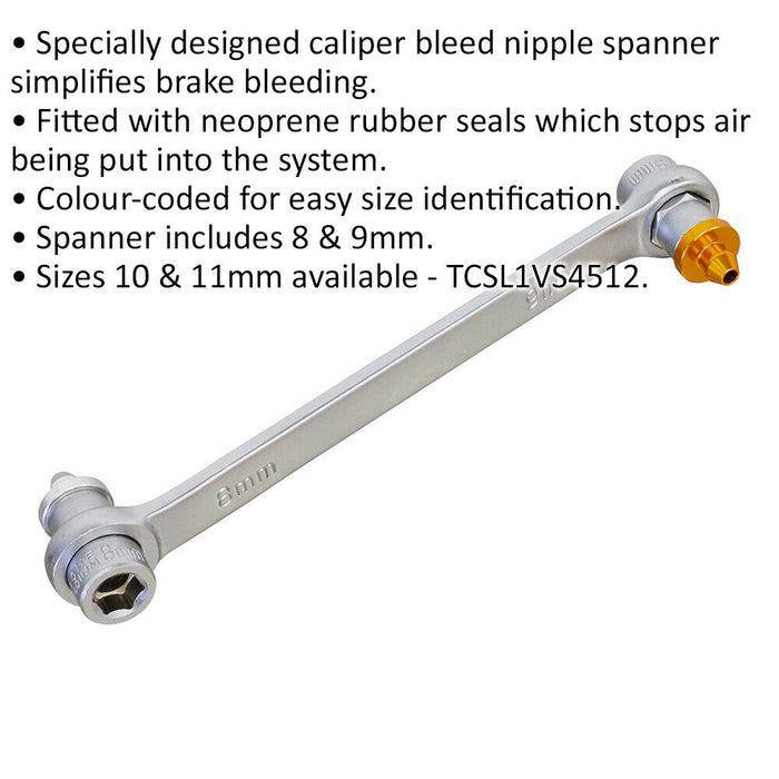 Double Ended Brake Bleeder Spanner - 8mm & 9mm - Caliper Bleed Nipple Spanner Loops