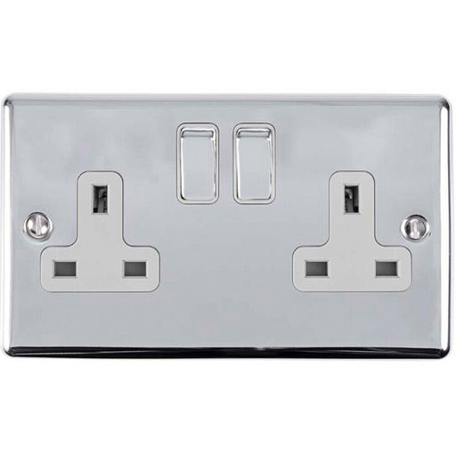 2 Gang Double UK Plug Socket POLISHED CHROME & White 13A Switched Power Outlet Loops