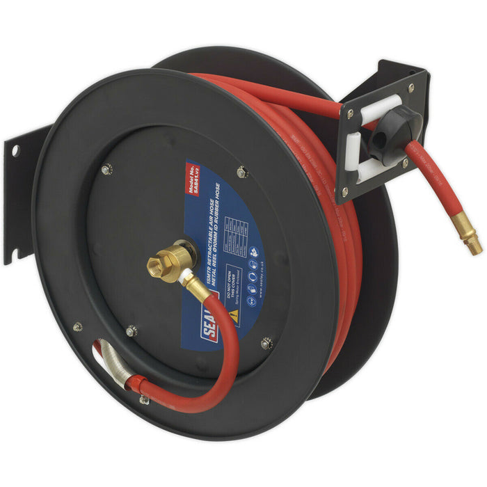 15m Retractable Air Hose - Steel Reel - 3/8" BSP Inlet - 10mm Rubber Hose Loops