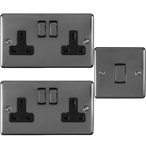 BLACK NICKEL Bedroom Socket & Switch Set - 1x Light & 2x Double UK Power Sockets Loops
