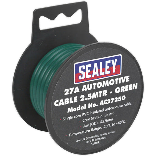Green 27A Thick Wall Automotive Cable - 2.5m Reel - Single Core - PVC Insulated Loops
