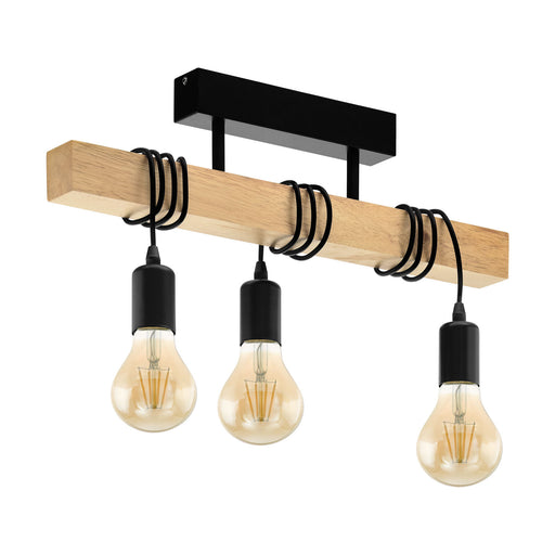 Semi Flush Ceiling Light Black Steel & Wood Bar Lamp 3 x 60W E27 Bulb Loops