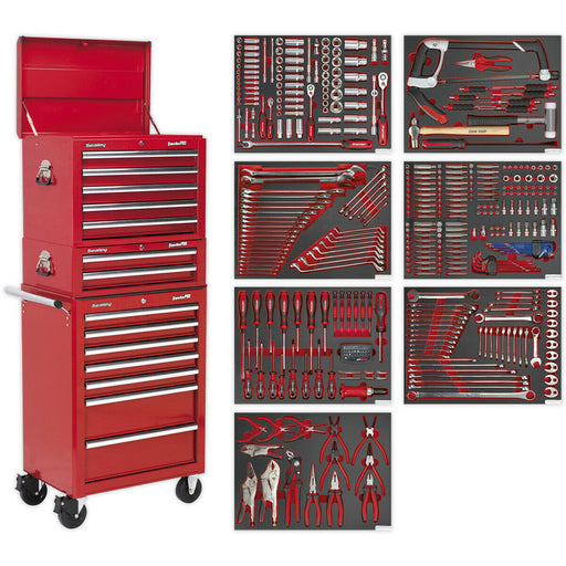 14 Drawer Topchest Mid Box & Rollcab Bundle with 446 Piece Tool Kit - Red Loops