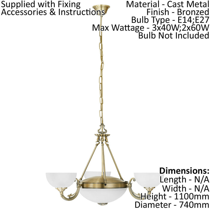 Pendant Light Colour Bronzed Shade White Satin Glass Bulb E14 E27 3x40W 2x60W Loops