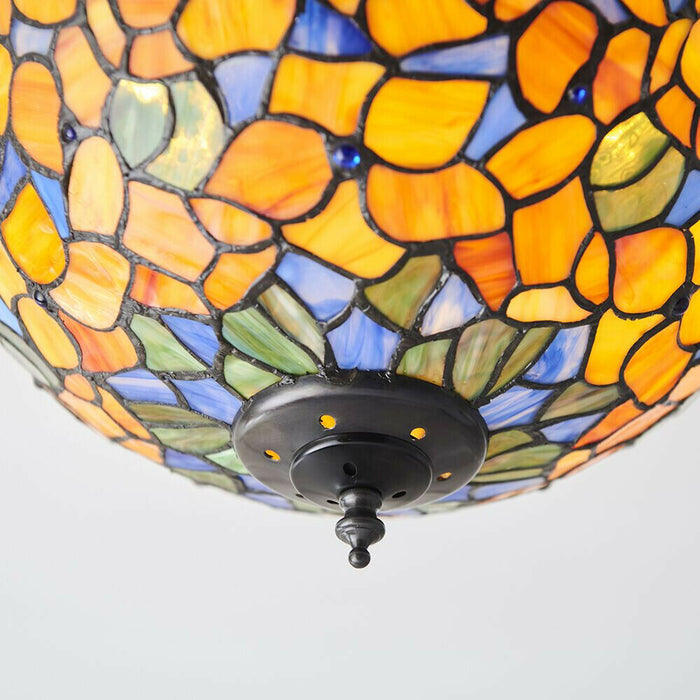 Tiffany Glass Semi Flush Ceiling Light Yellow Flower Round Inverted Shade i00052 Loops