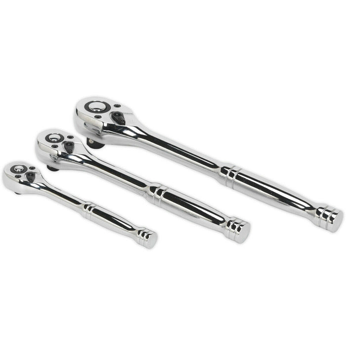 3 Piece Flip Reverse Ratchet Wrench Set - 1/4 3/8 and 1/2 Inch Sq Drive Loops