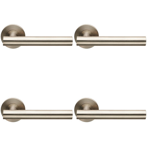 4x PAIR Straight Round T Bar Lever on Slim Round Rose Concealed Fix Satin Steel Loops