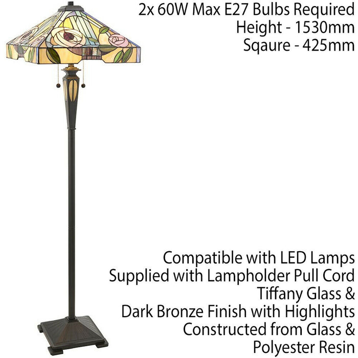 1.5m Tiffany Twin Floor Lamp Dark Bronze & Stained Glass Roses Shade i00029 Loops