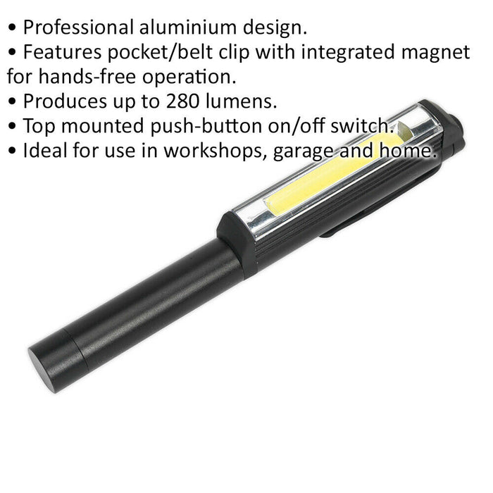 Magnetic Aluminium Penlight Torch - 3W COB LED - 3 x AAA Battery Powered Loops