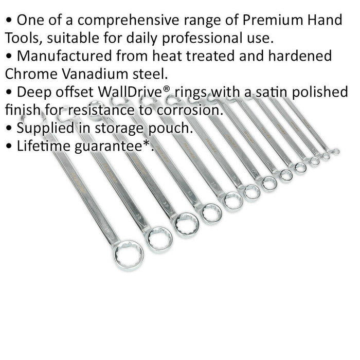 12pc Slim Handled DEEP OFFSET Ring Spanner Set - 12 Point Metric Double Ended Loops