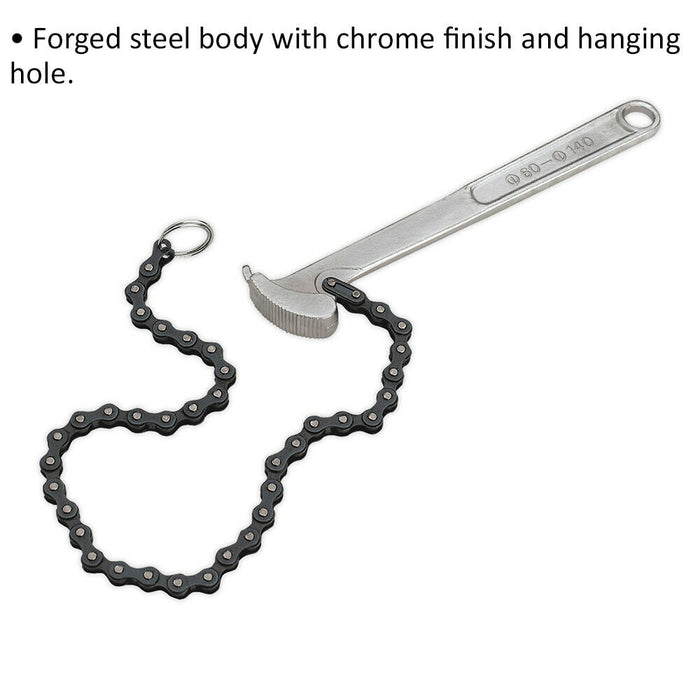 Forged Steel Oil Filter Chain Wrench - 60-140mm Capacity - Remover Car Engine Loops