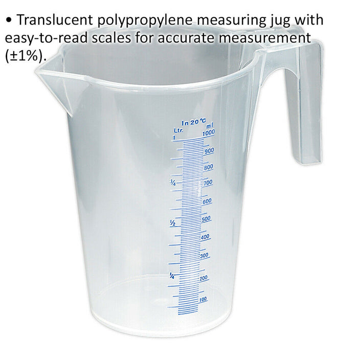 1 Litre Translucent Measuring Jug - Easy to Read Scale - Pouring Spout - Handle Loops