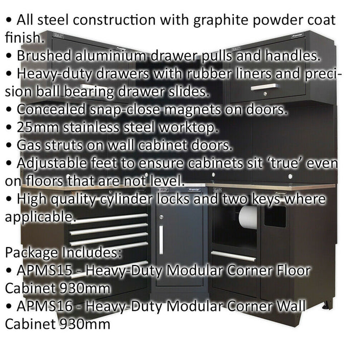 All-in-One 1.7m Garage Corner Storage System - Modular - Stainless Steel Worktop Loops