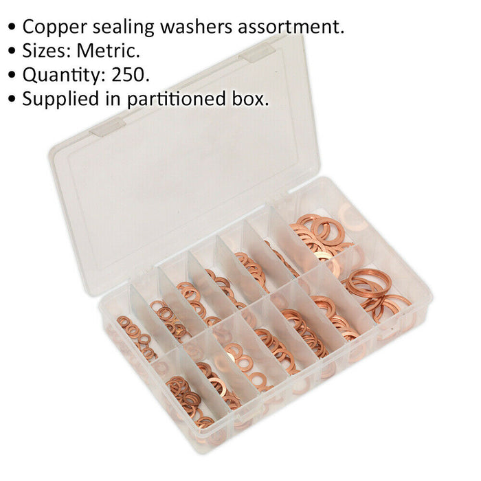 250 Piece Copper Sealing Washer Assortment - Metric - Partitioned Storage Box Loops