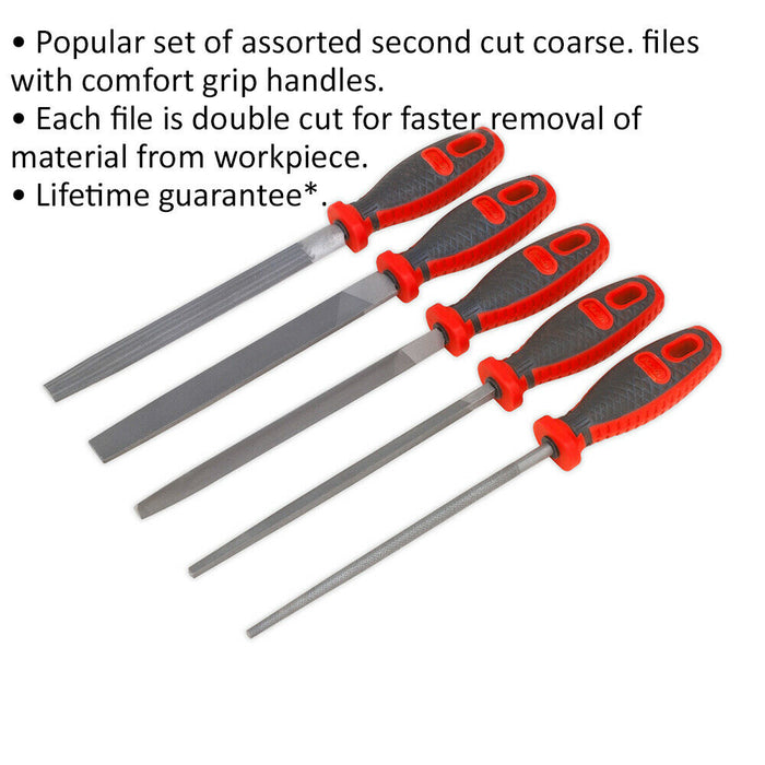 5 Piece 200mm Engineers File Set - Double Cut - Coarse - Comfort Grip Handles Loops