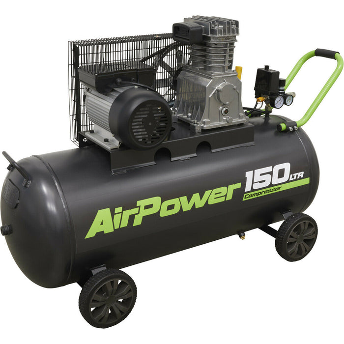 150 Litre Mobile Belt Drive Air Compressor - 3hp Motor - Quick Release Coupling Loops