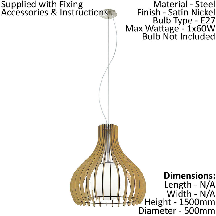 Pendant Ceiling Light Satin Nickel Shade Maple White Wood Glass Bulb E27 1x60W Loops