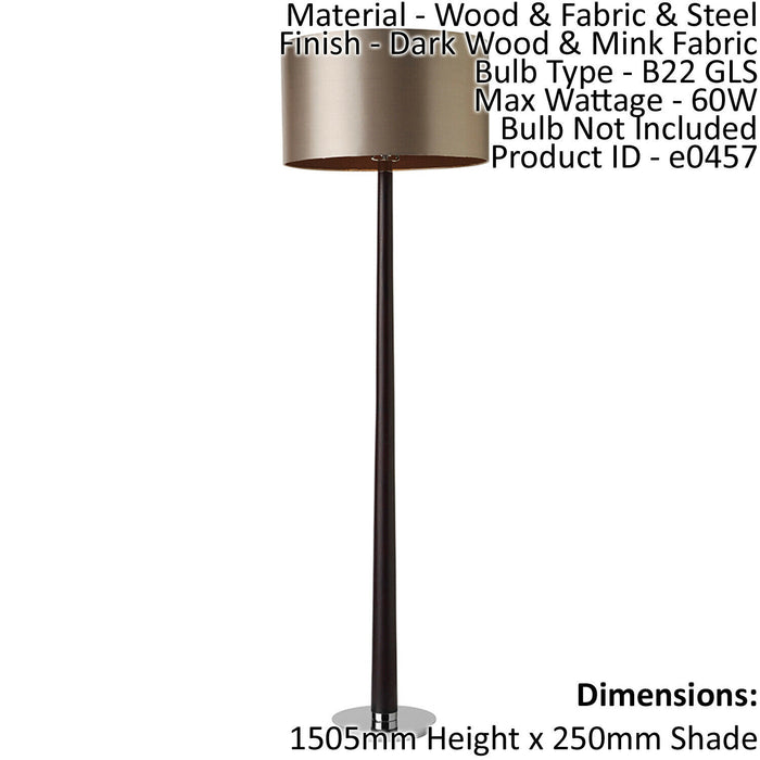 Floor Lamp Light Dark Wood & Mink Fabric 60W B22 GLS Base & Shade Loops