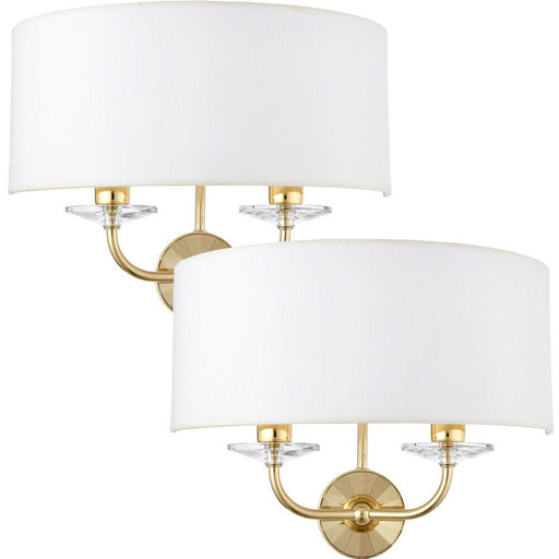 2 PACK Dimmable Twin Wall Light Brass Glass White Fabric Shade Curved Arm Lamp Loops