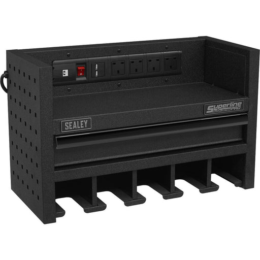 560mm Power Tool Storage Rack with Drawer - Fitted Power Strip - Holds 5 Tools Loops