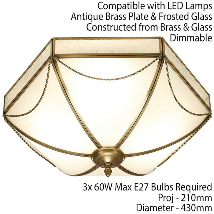 Luxury Flush Ceiling Light Antique Brass & Frosted Glass Traditional Hexagon Loops