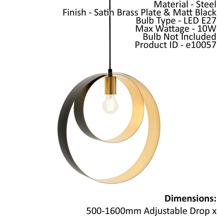 Ceiling Pendant Light Satin Brass Plate & Matt Black 10W LED E27 Dimmable Loops
