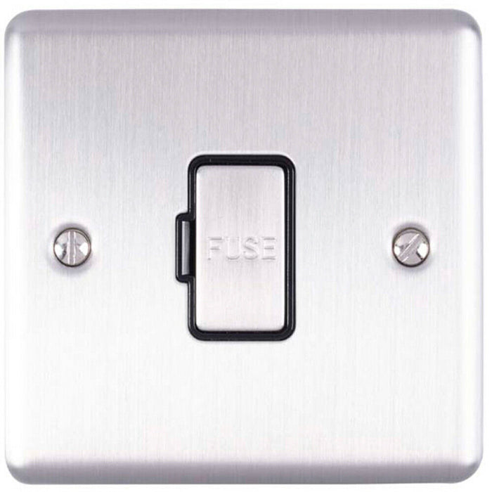 13A DP Unswitched Fuse Spur SATIN STEEL & Black Mains Isolation Wall Plate Loops