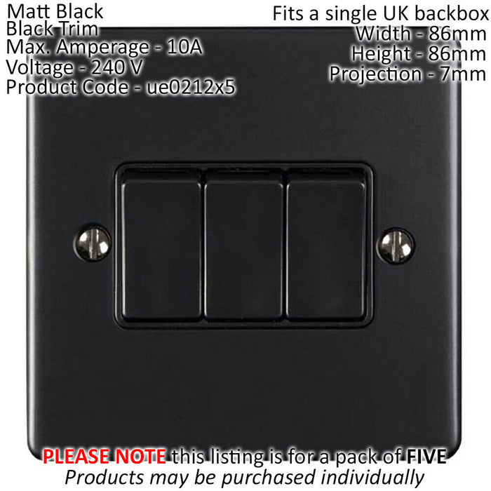 5 PACK 3 Gang Metal Triple Light Switch MATT BLACK 2 Way 10A Black Trim Loops