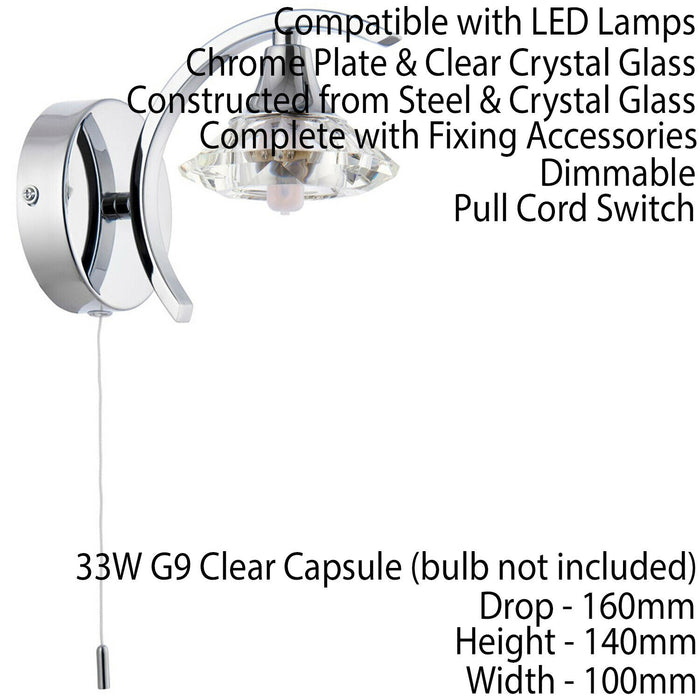 2 PACK Dimmable LED Wall Light Curved Chrome Large Crystal Shade Lamp Fitting Loops