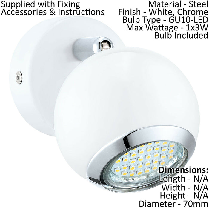 Wall Spot Light Round Bulbous Colour White Chrome Shade Bulb GU10 1x3W Included Loops