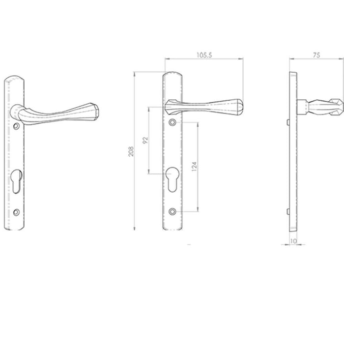 4x PAIR Flared Lever on Narrow Euro Lock Backplate 208 x 26mm Polished Chrome Loops