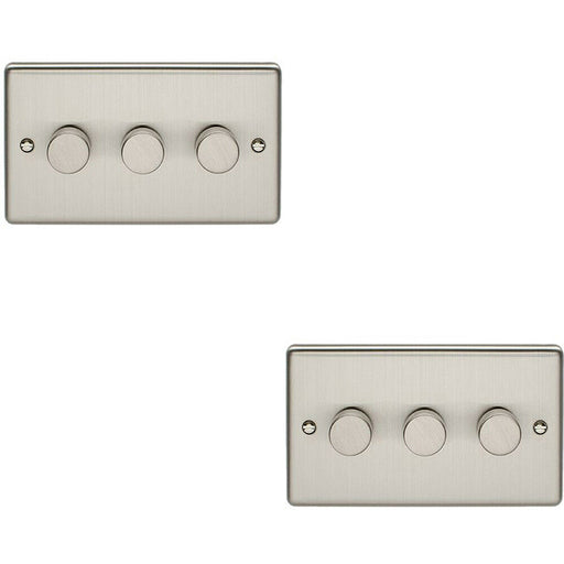 2 PACK 3 Gang 400W 2 Way Rotary Dimmer Switch SATIN STEEL Light Dimming Plate Loops