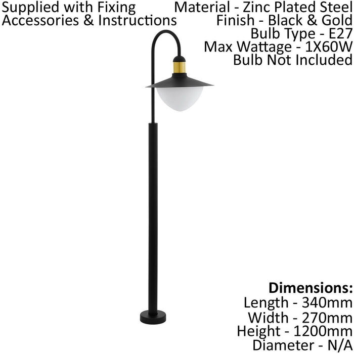 IP44 Outdoor Bollard Light Black & Gold Curved Arm Post 1 x 60W E27 Bulb Loops
