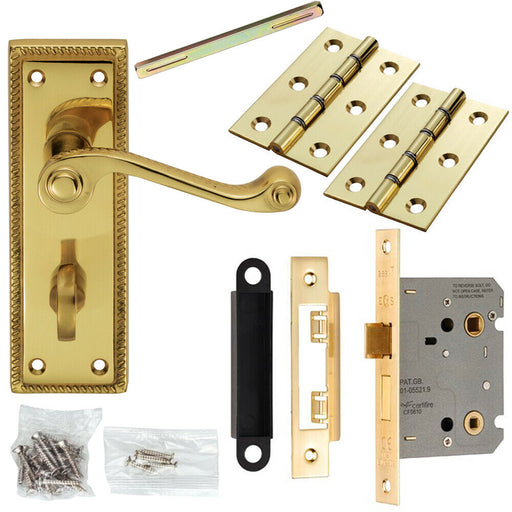 Door Handle & Bathroom Lock Pack Brass Victorian Scroll Thumb Reeded Backplate Loops
