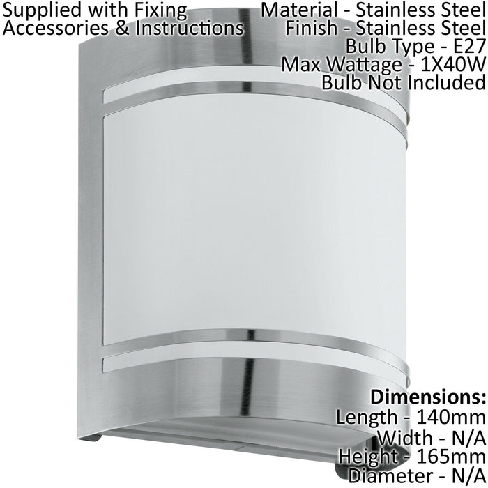 IP44 Outdoor Wall Light Stainless Steel & Diffuser 1 x 40W E27 Bulb Porch Lamp Loops