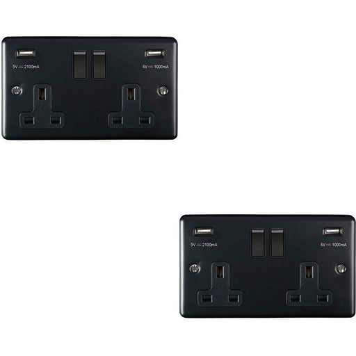 2 PACK 2 Gang Single UK Plug Socket & 2.1A USB MATT BLACK & Black 13A Switched Loops
