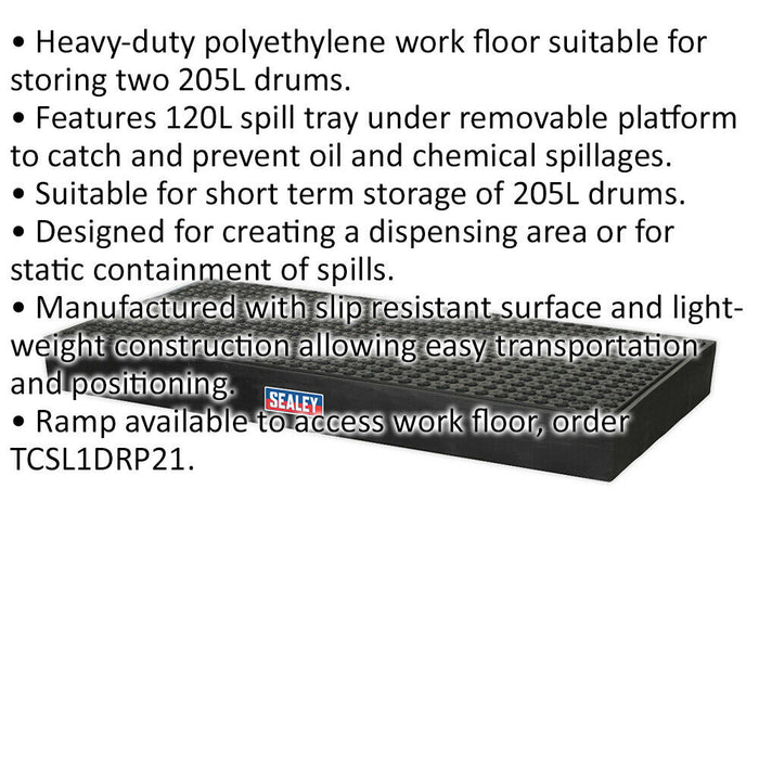Polyethylene 2 Drum Work Floor - 1600 x 800 x 150mm - Holds 2 x 205L Drums Loops