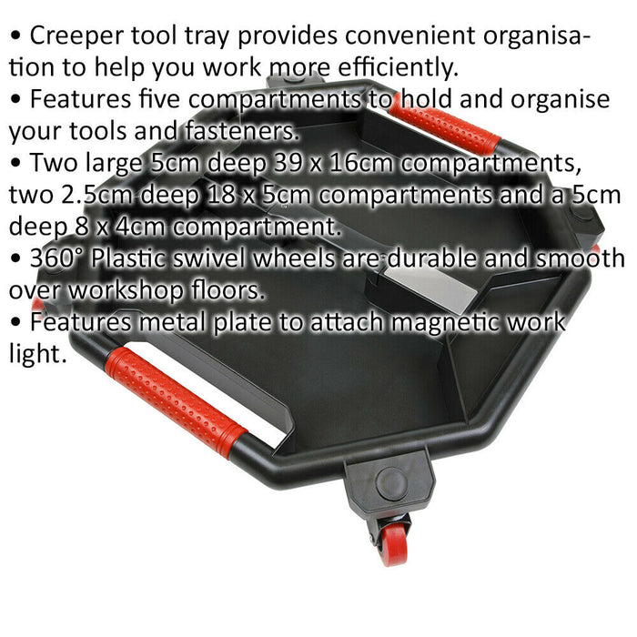 Creeper Tool Tray - Five Compartments - 360° Plastic Swivel Castors - Red Loops