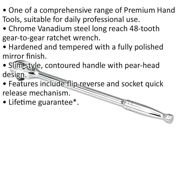 Long Reach 48-Tooth Pear-Head Ratchet Wrench - 3/8 Inch Sq Drive - Flip Reverse Loops