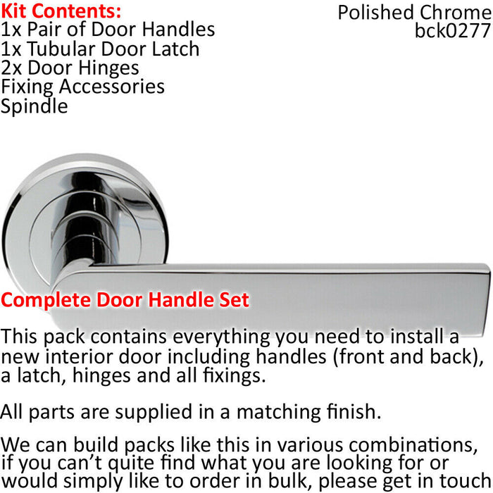 Door Handle & Latch Pack Chrome Modern Flat Square Bar on Screwless Round Rose Loops