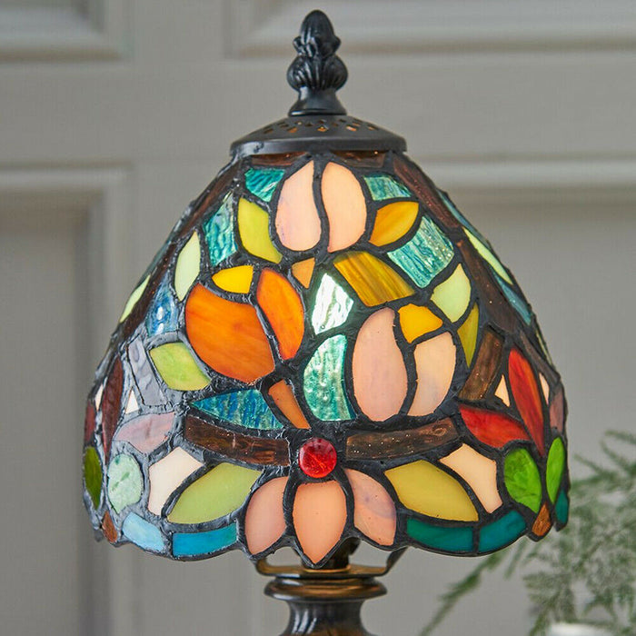 Tiffany Glass Table Lamp Light Vintage Dark Bronze & Multi Colour Shade i00230 Loops