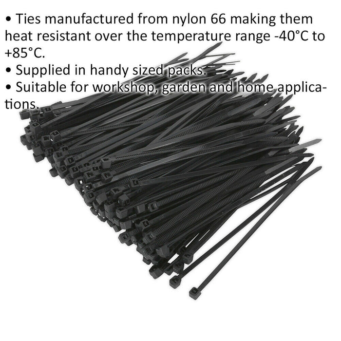 200 PACK Black Cable Ties - 100 x 2.5mm - Nylon 66 Material - Heat Resistant Loops