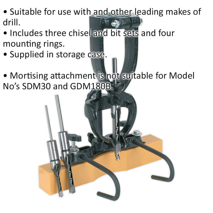 Pillar Drill Wood Mortising Attachment - 40mm to 65mm Collar - Chisel & Bit Set Loops