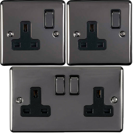 UK Plug Socket Pack -1x Twin & 2x Single Gang- BLACK NICKEL / Black 13A Switched Loops