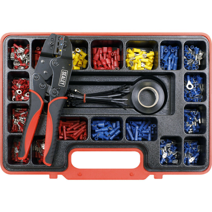 Ratchet Crimping Tool Kit - Steel Jaws - Insulated Grip - 500 Assorted Terminals Loops