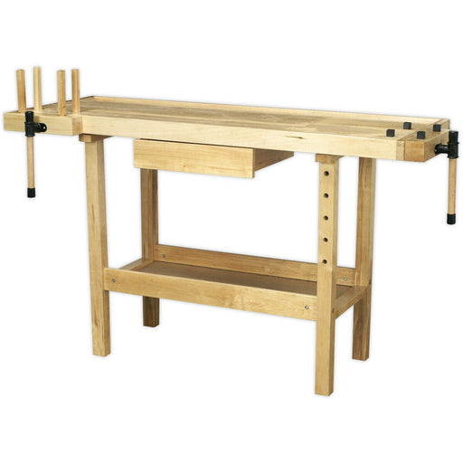 1.52m Woodworking Varnished Bench - Tool Well & Draw with 2 Built In Vices Loops