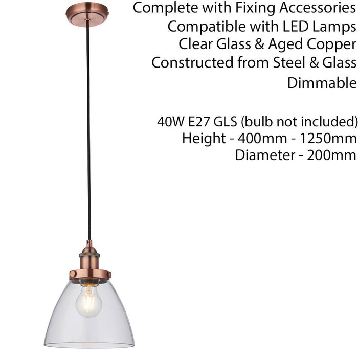 Hanging Ceiling Pendant Light COPPER & GLASS Shade Industrial Lamp Bulb Holder Loops