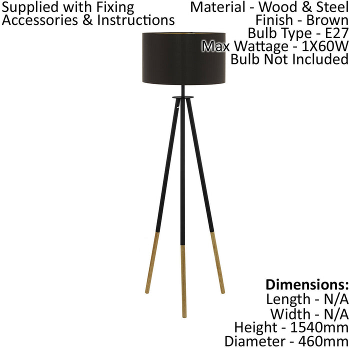 Tripod Floor Lamp Light Cappuccino Gold Shade 1 x 60W E27 Bulb Standard Loops