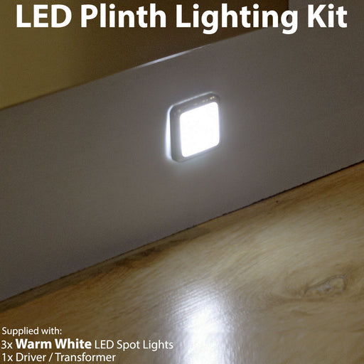 Square LED Plinth Light Kit 3 WARM WHITE Spotlights Kitchen Bathroom Floor Panel Loops