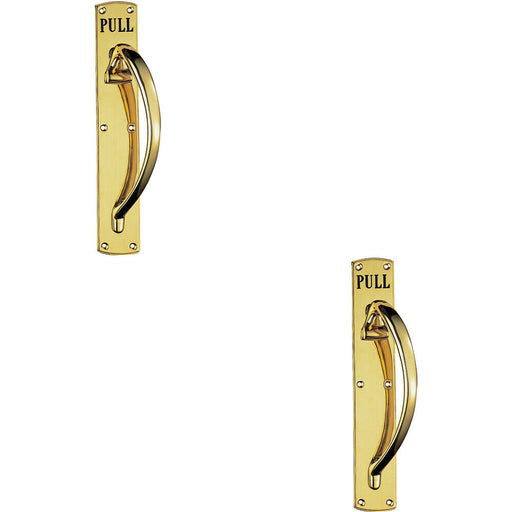 2x Curved Right Handed Door Pull Handle Engraved with 'Pull' Polished Brass Loops
